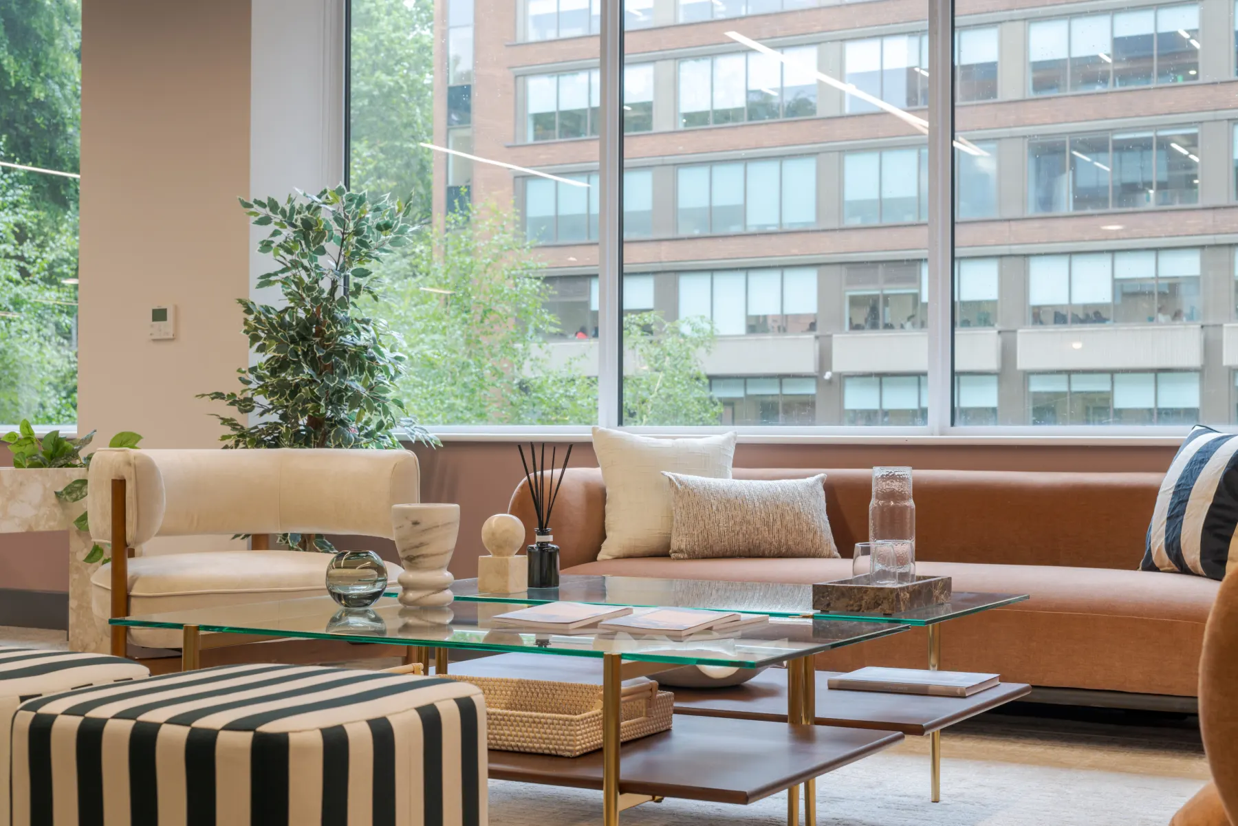 Lounge area at 11 Portland Street with sofas, a glass coffee table and planting beside full-height windows